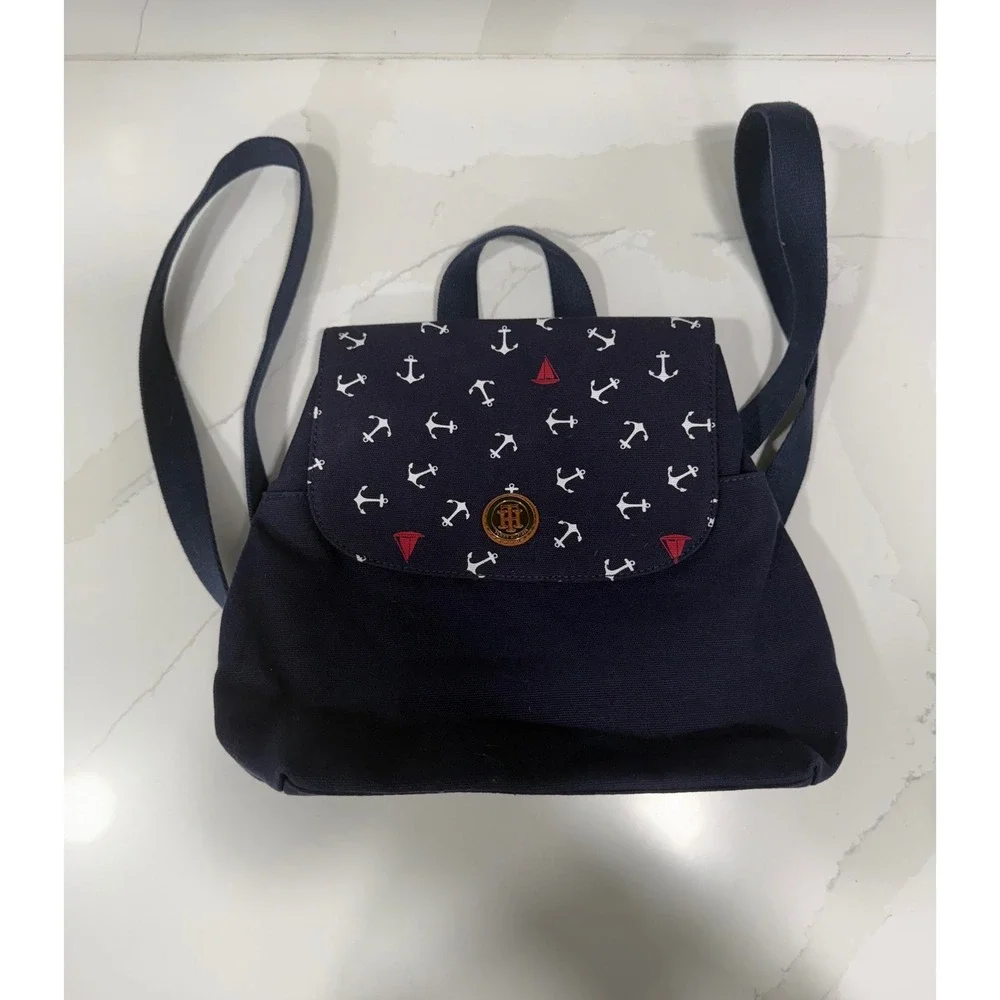 Tommy Hilfiger Mini Backpack Navy Blue Canvas Nautical Anchor Sailboat Print